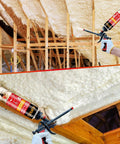 DIY Spray Foam Insulation Kit With 24 Pack 25 Ounce Cans Covers Up To 480 Sq Ft Closed Cell Foam For Heat And Acoustic Insulation Includes Gun And Cleaner being applied to attic