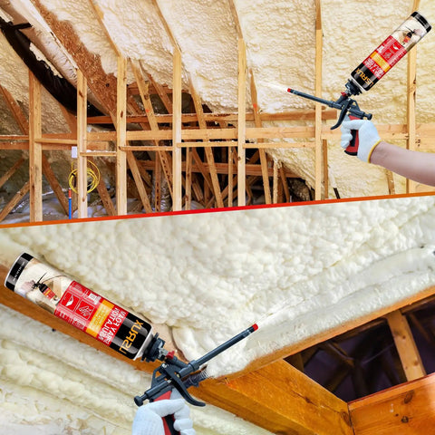 DIY Spray Foam Insulation Kit With 24 Pack 25 Ounce Cans Covers Up To 480 Sq Ft Closed Cell Foam For Heat And Acoustic Insulation Includes Gun And Cleaner being applied to attic
