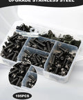 Pro Grade Motorcycle Fairing Bolt Kit Titanium Stainless Steel Universal Sportbike Fasteners M5 M6 Hardware Upgrade For Street Whips And Track Runs showing 195 pieces in a container.