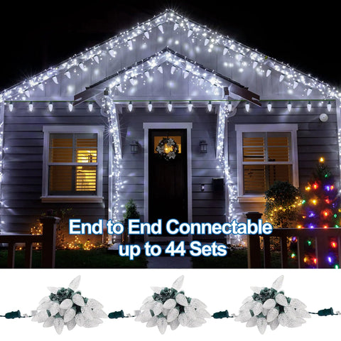 House decorated with Faceted Green C9 Christmas String Lights With 50 LEDs And 24.5 Foot Connectable Length Indoor Outdoor UL Certified Light Strand For Holiday Decor Patio Parties And St Patrick Day Cheer, end to end connectable feature displayed.