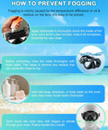 Illustration on how to prevent fogging on All In One Dry Snorkel Set With Panoramic Wide View Mask, Anti Fog Scuba Diving Gear For Adults and Kids.