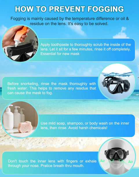Illustration on how to prevent fogging on All In One Dry Snorkel Set With Panoramic Wide View Mask, Anti Fog Scuba Diving Gear For Adults and Kids.