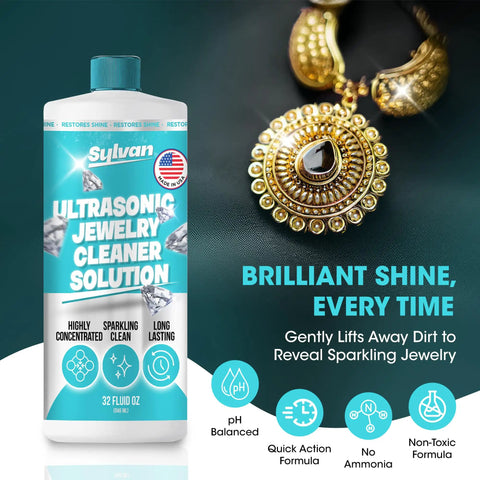 Ultra Strong 32 Oz Ultrasonic Jewelry Cleaner Solution next to shining gold jewelry, highlighting its cleaning power for delicate items.