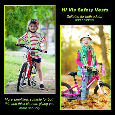 Eighty Pack High Visibility Reflective Safety Vests In Neon Lime Green Heavy Duty Work Gear For Construction Teams And Warehouse Crews Keeps Your Squad Looking Sharp And Staying Safe While Crushing The Daily Grind. Children wearing neon lime safety vests while riding bikes.