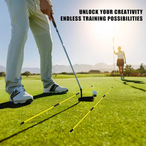 Golfer using 4 Pack Golf Alignment Sticks 40 Inch Collapsible Swing Path Trainers on green for putting drill.