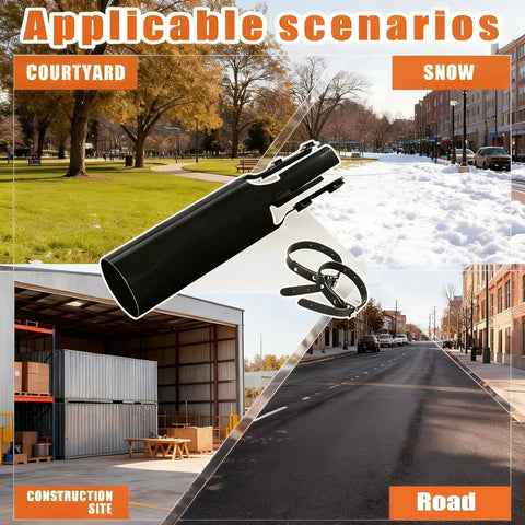 Universal 2X Turbo Nozzle Air Booster Attachment fits 2 to 4 inch round nozzles for leaves, debris, snow; shown in various scenarios.