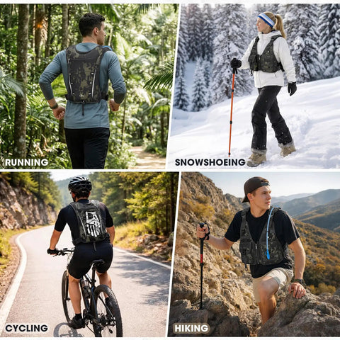 People using Hydration Backpack With 2L Water Bladder for running, snowshoeing, cycling, and hiking, showing versatility and comfort.