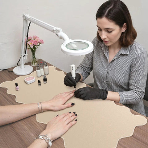 Manicurist uses Extra Large PU Leather Desk Pad With Scalloped Edges, Waterproof Non Slip Desk Protector Mat For Office And Home, Large Mouse Pad With Stitched Border, Beige Tone For A Calm, Modern Workspace during a nail session.