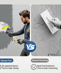 Heavy Duty Pneumatic Stucco Sprayer Hopper With 4 Jet for Concrete Cement Mortar shown in use on wall vs manual plastering.