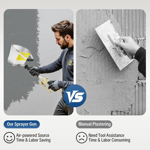 Heavy Duty Pneumatic Stucco Sprayer Hopper With 4 Jet for Concrete Cement Mortar shown in use on wall vs manual plastering.