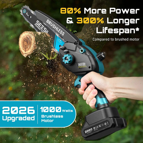 Dual-Bar Cordless Mini Chainsaw With 6 And 8 Inch Guide Bars, 1000W Brushless Handheld Wood Cutter slicing through branch