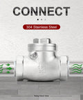 Front view of a 1-1/4 in NPT female swing check valve in 304 stainless steel CF8