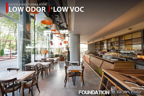 Pro Matte Concrete Floor Wax 5 Gallon Water Based Formula used on polished concrete floor in modern restaurant interior.