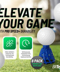 Golf ball on Pro Speed Plus Flexible Plastic Golf Tees Eight Pack For Indoor Golf And Golf Simulators White Durable Tees