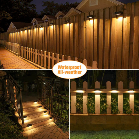 12 Pack Solar Deck Lights Outdoor Waterproof Step Fence Lighting With Warm White And Cool White LEDs illuminating steps and fences