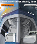 Pop Up Portable Camping Shower Tent Deluxe Changing Room Privacy Shelter Two Rooms With Floor Drain, side view, waterproof roof