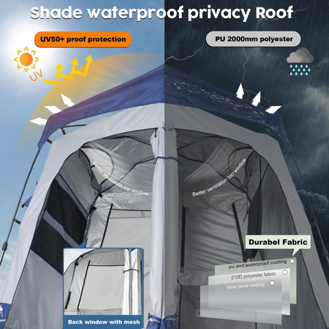 Pop Up Portable Camping Shower Tent Deluxe Changing Room Privacy Shelter Two Rooms With Floor Drain, side view, waterproof roof