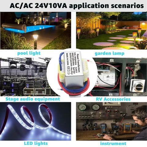 Application scenarios of 120V To 24V Isolation Transformer For Audio And Stage Lighting, including pool light, garden lamp, RV, and LED lights.