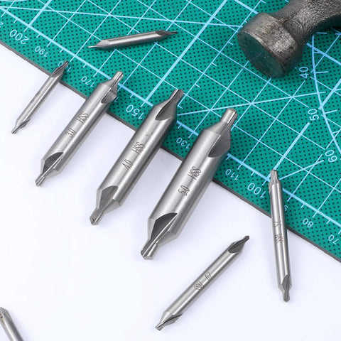 Pro Grade Center Drill Bit Set For Lathe And Metalworking, 60 Degree M2 High Speed Steel Center Bits With Countersink shown on a mat