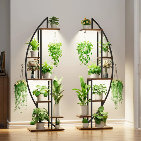 Tall Six Tier Indoor Plant Stand With Dual Head Full Spectrum Grow Lights, Solid Heavy Duty Metal Racks To Keep Your Leafy Buddies Thriving Indoors, Set Of Two Pack