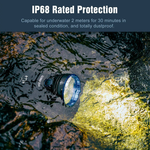 Beast Mode 18,000 Lumen Tactical Flashlight With 3 XHP70.2 LEDs, waterproof, shining underwater, IPX rated protection visible.