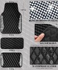 Premium Bling Diamond Leather Car Mats With Sparkly Rhinestone Edges Anti Slip Waterproof Universal Fit For Daily Drive Dope Ride Flex In Black Silver with size details and materials
