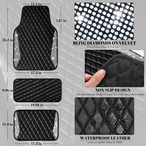 Premium Bling Diamond Leather Car Mats With Sparkly Rhinestone Edges Anti Slip Waterproof Universal Fit For Daily Drive Dope Ride Flex In Black Silver with size details and materials