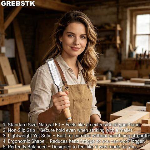 Woman holding a chisel from a 4 Piece Ultra Sharp Wood Chisel Set With CR V Steel Beveled Blades And Guards in workshop