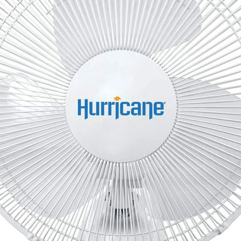 Close-up of 16 Inch Oscillating Wall Mount Fan With 3 Quiet Speeds Space Saving White Corded Air Cooling Unit with protective grill