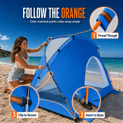 Woman setting up Portable Beach Sun Shelter For 2 To 8 People, UPF 50 Plus UV Protection, Easy Setup Waterproof Shade Canopy