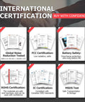 Image showing international certifications for Bluetooth headphones, including FCC, ROHS, IC, MSDS, and battery safety certificates.