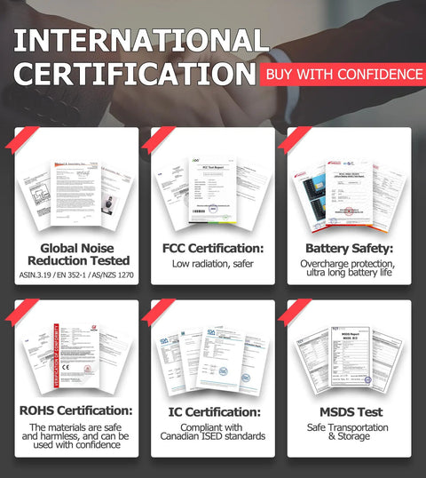 Image showing international certifications for Bluetooth headphones, including FCC, ROHS, IC, MSDS, and battery safety certificates.