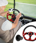 D Bottom Golf Cart Steering Wheel With Adapter For Precedent Carts Red Skid Finish Easy Install Upgrade Your Ride With A Sleek D Bottom Design And All In One Adapter No Extra Parts Needed shown in use and close-up view