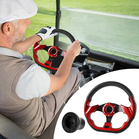 D Bottom Golf Cart Steering Wheel With Adapter For Precedent Carts Red Skid Finish Easy Install Upgrade Your Ride With A Sleek D Bottom Design And All In One Adapter No Extra Parts Needed shown in use and close-up view