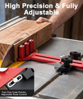Top Grade Thin Rip Jig For Table Saw Featuring Adjustable Sliding Fence And Dual Laser Scale Guide For Dead Nuts Accurate Woodworking Cuts Down To 1 32 Inch Widths With Knockout Safety Performance displayed with wood piece and laser scale.