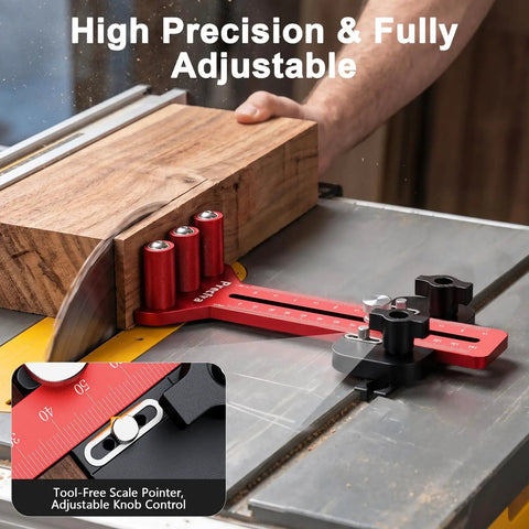 Top Grade Thin Rip Jig For Table Saw Featuring Adjustable Sliding Fence And Dual Laser Scale Guide For Dead Nuts Accurate Woodworking Cuts Down To 1 32 Inch Widths With Knockout Safety Performance displayed with wood piece and laser scale.