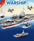 8 In 1 WW2 Aircraft Carrier Building Set With Helicopter And Boat Epic Naval Battleship Toy displayed with models on water.