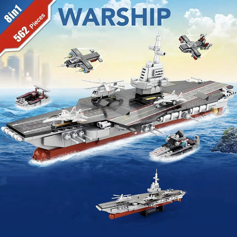 8 In 1 WW2 Aircraft Carrier Building Set With Helicopter And Boat Epic Naval Battleship Toy displayed with models on water.