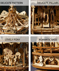 Wooden Puzzle Carousel Kit With Five Moving Horses And Music Box Hands On 3D Mechanical Model, close-up of wooden pony and base