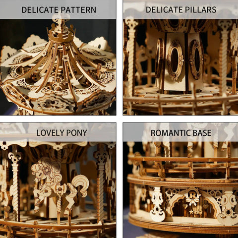 Wooden Puzzle Carousel Kit With Five Moving Horses And Music Box Hands On 3D Mechanical Model, close-up of wooden pony and base