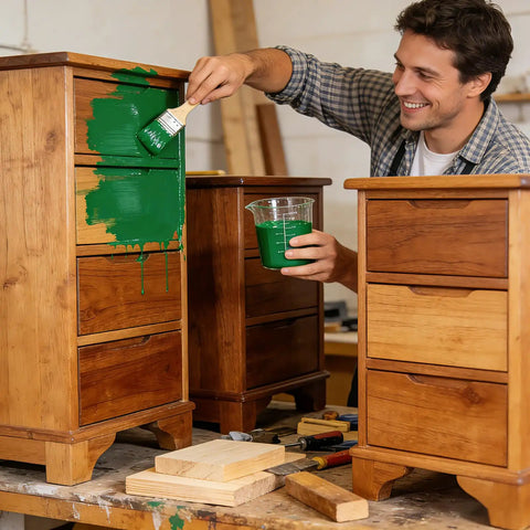 Man applying No Sweat Heavy Duty Green Wood Stain And Deck Sealant For Exterior Fences Porch Boards And Patio Decks Zero VOC Matte Finish on wooden drawer.
