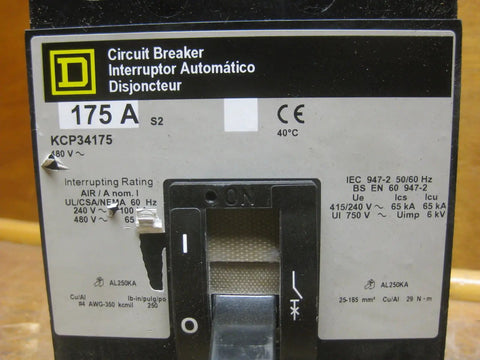 KCP34175 Three Pole 175 Amp Circuit Breaker 480 Volt Molded Case Industrial Electrical Switch with rating details.