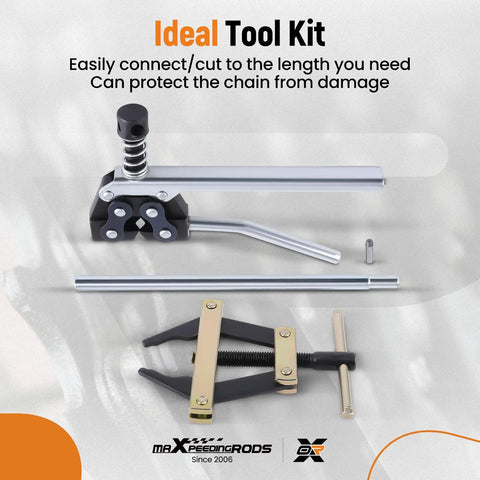 Roller Chain Tools Kit For 60 To 100 Chains Includes Connecting Holder, Puller, Detacher, Breaker, And Cutter displayed with tools.
