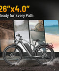 Powerful 2000W Peak Electric Mountain Bike For Adults with 26x4 fat tires, black frame, shown on diverse terrains.