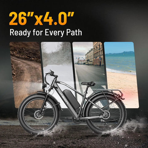 Powerful 2000W Peak Electric Mountain Bike For Adults with 26x4 fat tires, black frame, shown on diverse terrains.