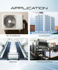 Four applications: air conditioner, compressor, elevator, and printing machine with 2 Pole 30 Amp 240V HVAC contactor in use.