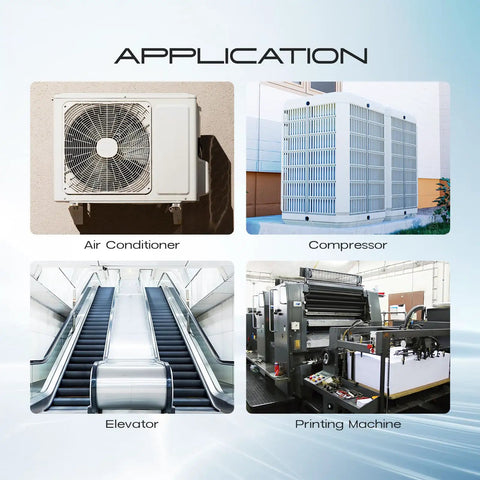 Four applications: air conditioner, compressor, elevator, and printing machine with 2 Pole 30 Amp 240V HVAC contactor in use.