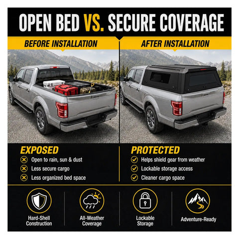 Open bed versus secure coverage comparison for Lockable Truck Bed Cap For Dodge Ram 1500 2020 To 2026 With 6.4 Foot Bed
