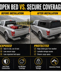 Comparison image of Rock Solid Truck Bed Cap for Nissan Frontier 2022-2026: open bed vs secure coverage with details.