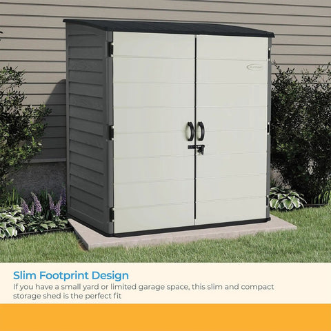 Massive 106 Cu Ft Vertical Outdoor Storage Shed with floor and lockable double doors in a backyard setting.